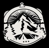 A logo for a camping trip with a tent and mountains vector