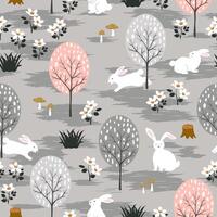 Easter seamless repeat pattern with cute bunnies happy on spring forest vector