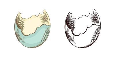 Vintage style colored hand-drawn sketch of a broken Easter egg shell isolated on white vector
