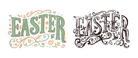 Hand drawn vintage sketch of decorative Easter lettering with ornaments in color and black lines vector