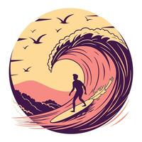 Sunset Surfing Illustration, Surfer Riding a Wave in Retro Beach Art Style vector