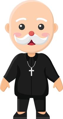 a cartoon bald man with a mustache and a cross