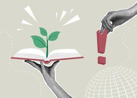 Trendy halftone collage. Education, growth and knowledge. Sprout of inspiration. The concept of learning, the pursuit of new knowledge, reading. illustration vector