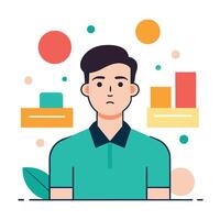 A man is sitting at a desk with a chart and other objects around him vector