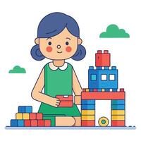 A girl is playing with blocks and building a tower vector