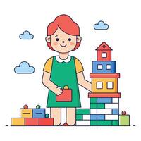 A girl is standing next to a pile of blocks vector