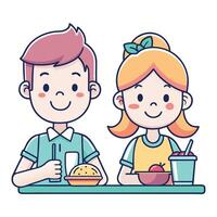 Boy and girl eating lunch at table vector