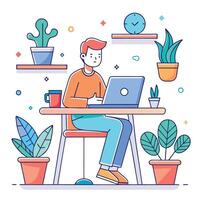 Man working on laptop in office with plants and potted plants vector