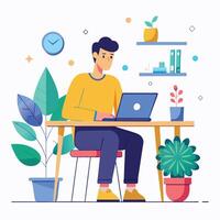 Man working on laptop at desk with plants and potted plants vector