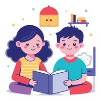Two children reading a book together vector