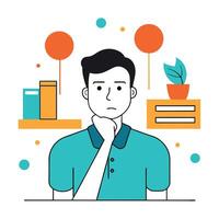 Man sitting at desk with his hand on his chin vector