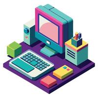 Computer desk with keyboard, mouse and monitor vector