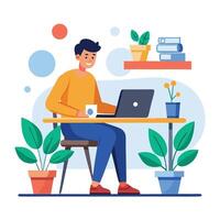 Man working on laptop at desk with plants and books vector
