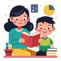 A woman and a boy are reading a book vector