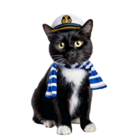 A tuxedo cat in a tiny sailor hat and matching scarf png
