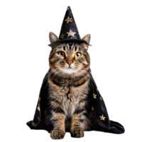 A tabby cat with a tiny wizard hats and a starry cloak. png