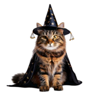 A tabby cat with a tiny wizard hat and a starry cloak. png