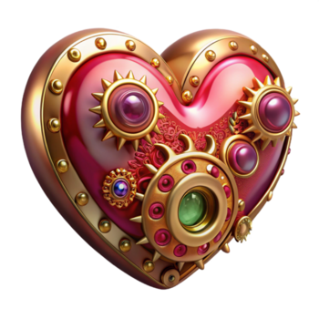serene unparalleled Steampunk clockwork heart with ruby gemstones and gold filigree. NO BACKGROUND with Transparent Background. png