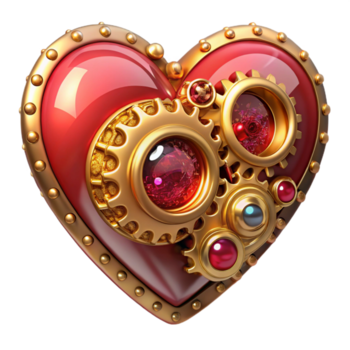 dynamic captivating Steampunk clockwork heart with ruby gemstones and gold filigree. NO BACKGROUND with Transparent Background. fine detail png