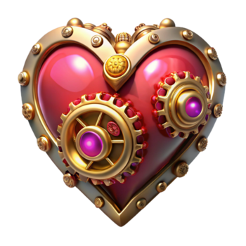 serene ethereal geometric Steampunk clockwork heart with ruby gemstones and gold filigree. NO BACKGROUND with Transparent Background. luxury png