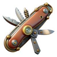 extraordinary timeless Steampunk pocketknife with multiple blades and intricate tools. NO BACKGROUND with Transparent Background. png