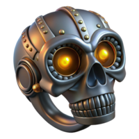 impressive quintessential Steampunk skull ring with intricate engravings and glowing eyes. NO BACKGROUND with Transparent Background. png