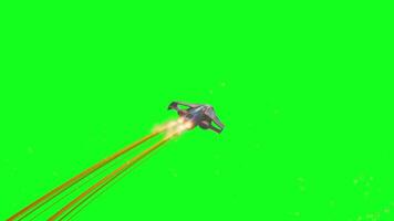 Futuristic spaceship flying at high speed with bright thrusters, leaving fiery trails in space with green screen background video