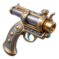 vibrant modern Steampunk pistol with ornate engravings and a pearl handle. NO BACKGROUND with Transparent Background. precision png
