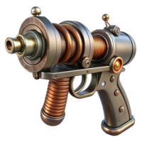 gorgeous timeless Steampunk ray gun with copper coils and a wooden handle. NO BACKGROUND with Transparent Background. png