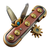 majestic acclaimed Steampunk pocketknife with multiple blades and intricate tools. NO BACKGROUND with Transparent Background. png