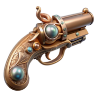 dreamy spectacular Steampunk pistol with ornate engravings and a pearl handle. NO BACKGROUND with Transparent Background. high quality png