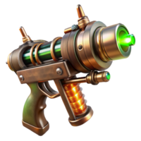 stunning exemplary Steampunk ray gun with glowing vacuum tubes and wooden stock. NO BACKGROUND with Transparent Background. png