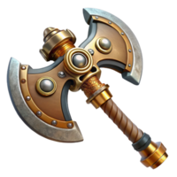 distinguished creative Steampunk axe with a double-headed blade and intricate carvings. NO BACKGROUND with Transparent Background. museum quality png