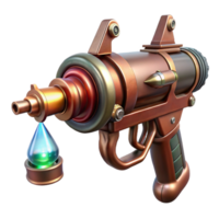 dazzling energetic geometric Steampunk ray gun with copper piping and a glowing crystal core. NO BACKGROUND with Transparent Background. impeccable png