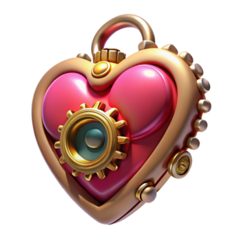 alluring minimalist Steampunk heart locket with intricate gears and a ruby gemstone. NO BACKGROUND with Transparent Background. detailed png