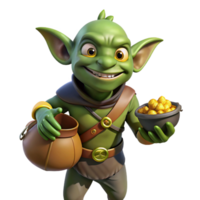 dynamic enchanting A mischievous goblin, holding a stolen pouch of gold. NO BACKGROUND with Transparent Background. 8K png