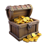 dramatic pristine A weathered treasure chest, overflowing with gold coins. NO BACKGROUND with Transparent Background. original png