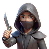 vibrant harmonious modern A hooded assassin, holding a hidden blade, NO BACKGROUND with Transparent Background. studio quality png