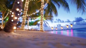 A beach with palm trees and lights on the sand photo
