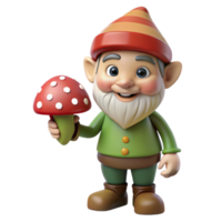 alluring unforgettable A smiling gnome, holding a mushroom, NO BACKGROUND with Transparent Background. png