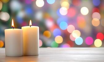 Two candles on a table with a blurred background photo