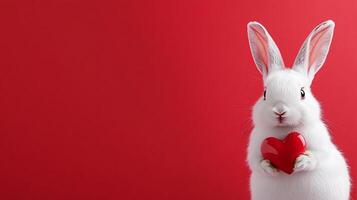 White rabbit holding a red heart on a red background photo