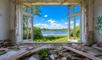 An open window in an abandoned building with a view of a lake photo
