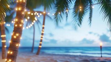 Palm trees and lights on the beach at sunset photo