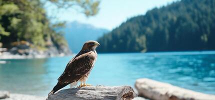A hawk perched on a log by a serene lake surrounded by trees. photo