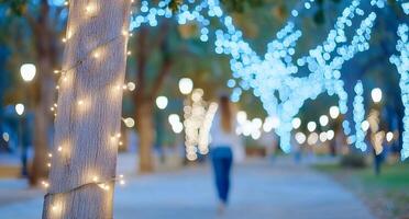A person walking down a path with lights on trees photo