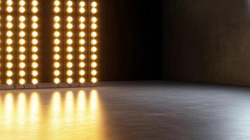 A dimly lit studio space with bright lights for performance or photography. photo