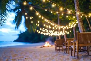 A beach with chairs and a fire pit photo
