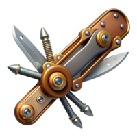 dramatic harmonious urban Steampunk pocketknife with multiple blades and intricate tools. NO BACKGROUND with Transparent Background. museum quality png