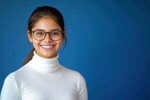 Portrait of a beautiful young woman wearing glasses and a turtle neck sweater on a blue background photo